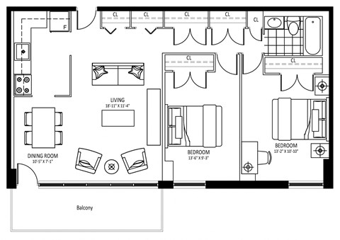 Floor plan for 2 beds, 1 bath